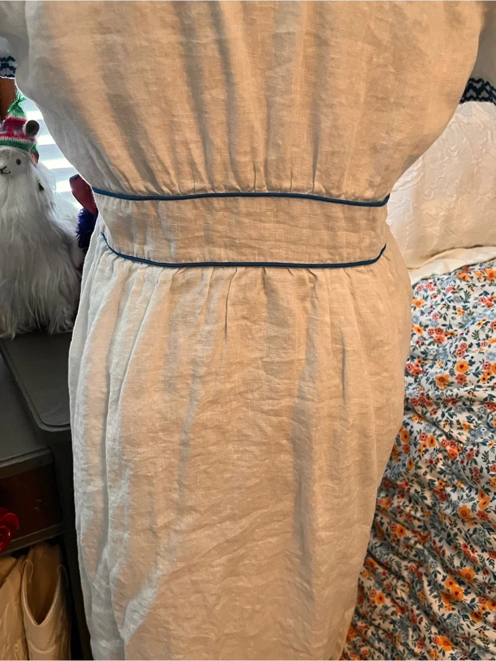 J. Crew White Linen Midi Dress with Blue Embroidered Trim